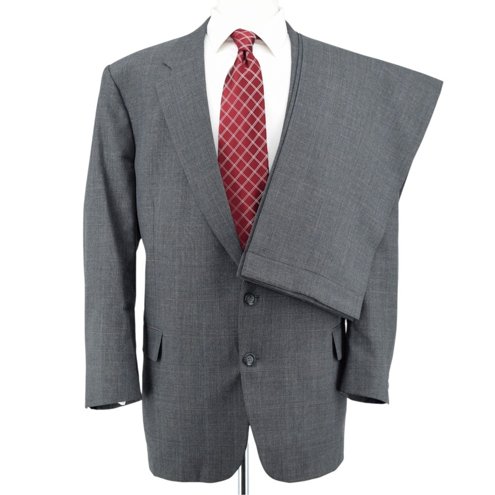 Stafford Mens Suit 48L 38x31 Grey Glen Plaid Windowpane Overcheck Vintage USA